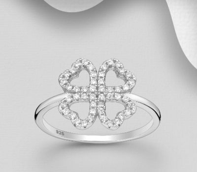 925 Sterling Silver Clover Ring, Decorated with CZ Simulated Diamonds