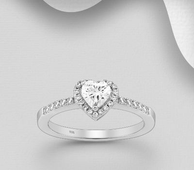 925 Sterling Silver Heart Ring, Decorated with CZ Simulated Diamonds