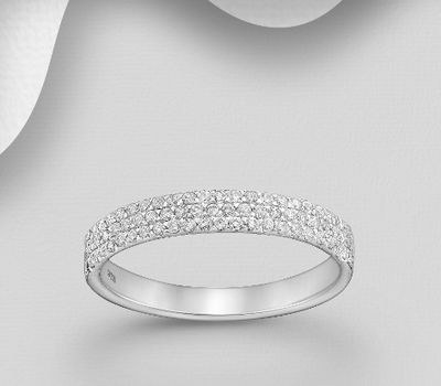 Şəkli böyütmək üçün tiklayın 925 Sterling Silver Band Ring, Decorated with CZ Simulated Diamonds, 3 mm Wide.