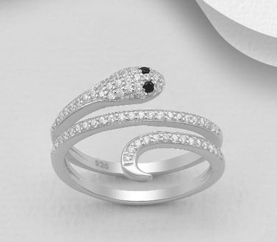 Şəkli böyütmək üçün tiklayın 925 Sterling Silver Double Band Snake Ring Decorated with CZ Simulated Diamonds