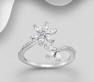 Şəkli böyütmək üçün tiklayın 925 Sterling Silver Adjustable Flower Ring, Decorated with CZ Simulated Diamonds