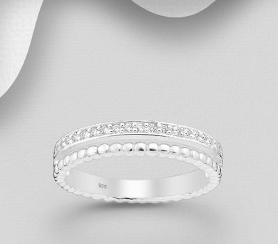 925 Sterling Silver Ball Ring, Decorated with CZ Simulated Diamonds, 4 mm Wide.