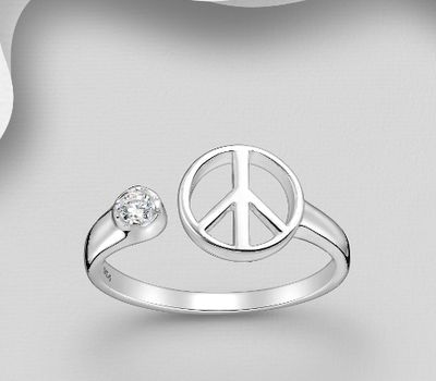 925 Sterling Silver Adjustable Peace Symbol Ring, Decorated with CZ Simulated Diamond