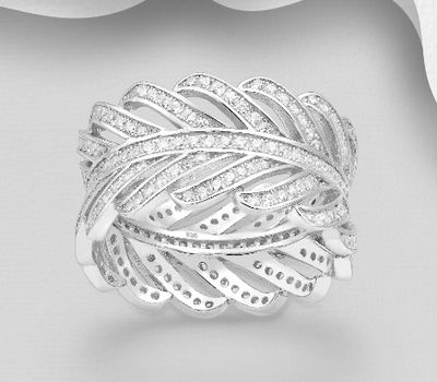 Şəkli böyütmək üçün tiklayın 925 Sterling Silver Leaf Band Ring, Decorated with CZ Simulated Diamonds, 12 mm Wide.