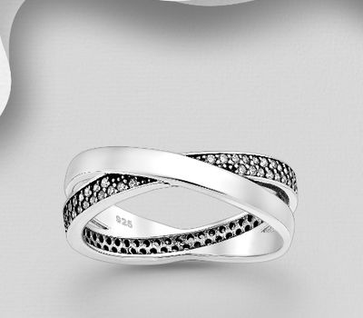 Şəkli böyütmək üçün tiklayın 925 Sterling Silver Oxidized Ring, Decorated with CZ Simulated Diamonds
