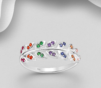 925 Sterling Silver Leaf Ring , Decorated with Colorful CZ Simulated Diamond, CZ Simulated Diamond Colors may Vary.