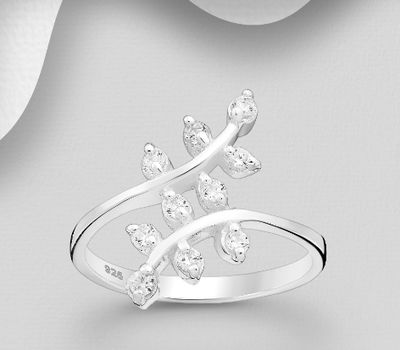 Şəkli böyütmək üçün tiklayın 925 Sterling Silver Leaf Ring, Decorated with CZ Simulated Diamonds