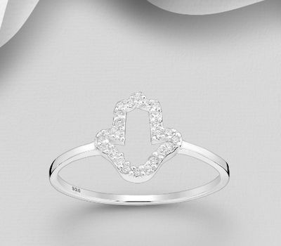 Şəkli böyütmək üçün tiklayın 925 Sterling Silver Hamsa Ring, Decorated with CZ Simulated Diamonds