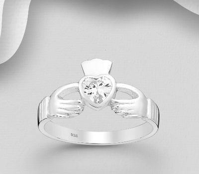925 Sterling Silver Claddagh Ring, Decorated with CZ Simulated Diamonds