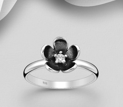 Şəkli böyütmək üçün tiklayın 925 Sterling Silver Oxidized Flower Ring, Decorated with CZ Simulated Diamond