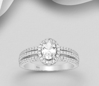 925 Sterling Silver Oval Halo Ring, Decorated with CZ Simulated Diamonds