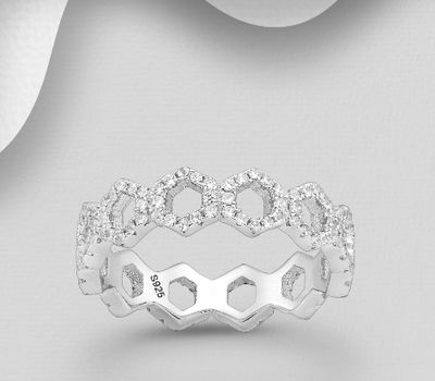 Şəkli böyütmək üçün tiklayın 925 Sterling Silver Hexagon Band Ring, Decorated with CZ Simulated Diamonds, 5.5 mm Wide.