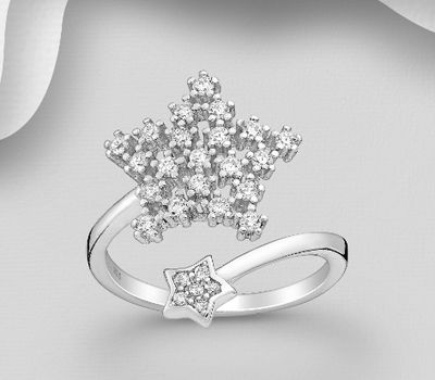 925 Sterling Silver Star Adjustable Ring Decorated With CZ Simulated Diamond