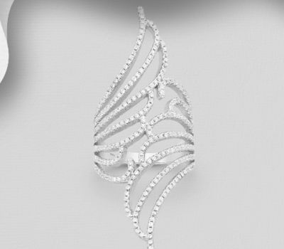 925 Sterling Silver Wings Ring, Decorated with CZ simulated Diamonds
