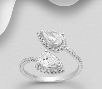 925 Sterling Silver Ring Decorated with Pear Shape CZ Simulated Diamonds