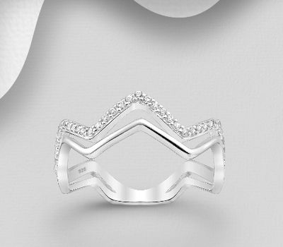 925 Sterling Silver Zigzag Ring, Decorated with CZ Simulated Diamonds
