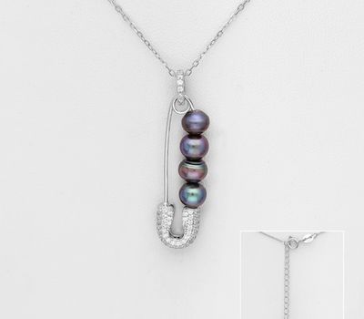 925 Sterling Silver Safety Pin Necklace, Decorated With CZ Simulated Diamonds and Beaded with Freshwater Pearls