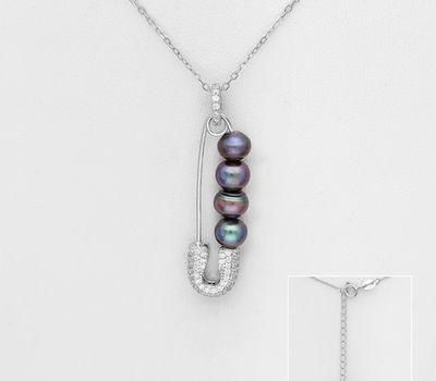 Şəkli böyütmək üçün tiklayın 925 Sterling Silver Safety Pin Necklace, Decorated With CZ Simulated Diamonds and Beaded with Freshwater Pearls