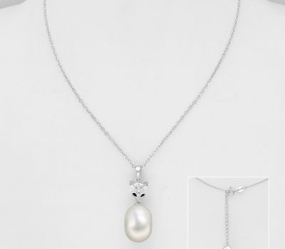 925 Sterling Silver Fox Necklace, Decorated with FreshWater Pearl, CZ Simulated Diamond and Colored Enamel