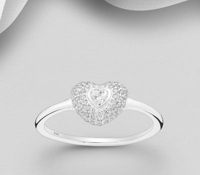 925 Sterling Silver Heart Ring, Decorated with Heart-Cut CZ Simulated Diamonds