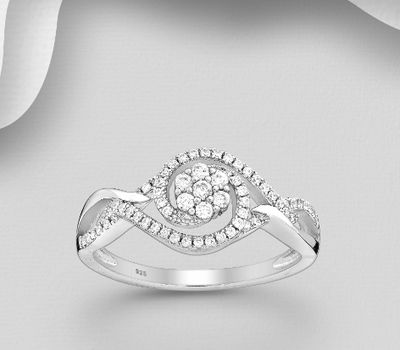 925 Sterling Silver Spiral Flower Ring, Decorated with CZ Simulated Diamonds