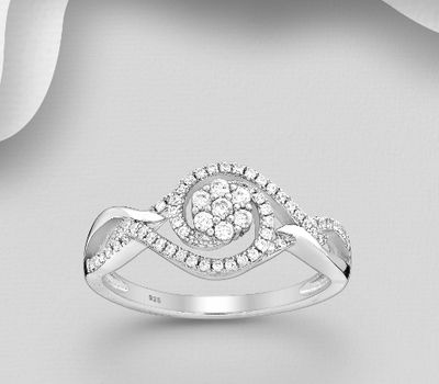 Şəkli böyütmək üçün tiklayın 925 Sterling Silver Spiral Flower Ring, Decorated with CZ Simulated Diamonds