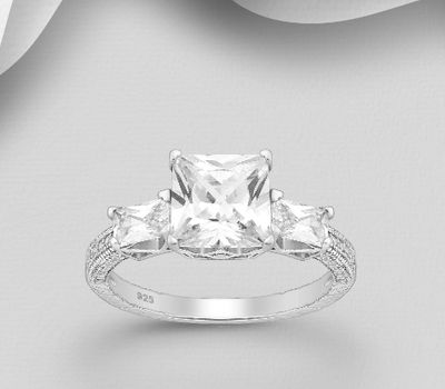 Şəkli böyütmək üçün tiklayın 925 Sterling Silver Ring, Decorated with Princess-Cut CZ Simulated Diamonds