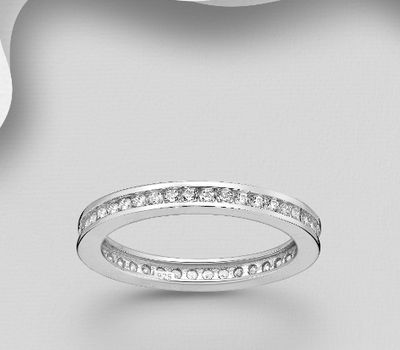 925 Sterling Silver Band Ring, Decorated with CZ Simulated Diamonds, 3 mm Wide