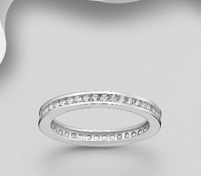 Şəkli böyütmək üçün tiklayın 925 Sterling Silver Band Ring, Decorated with CZ Simulated Diamonds, 3 mm Wide