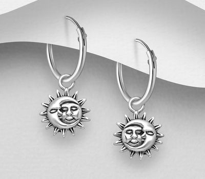 Şəkli böyütmək üçün tiklayın 925 Sterling Silver Oxidized Sun Hoop Earrings