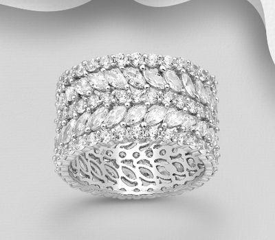 925 Sterling Silver Band Ring, Decorated with CZ Simulated Diamonds, 13 mm Wide.
