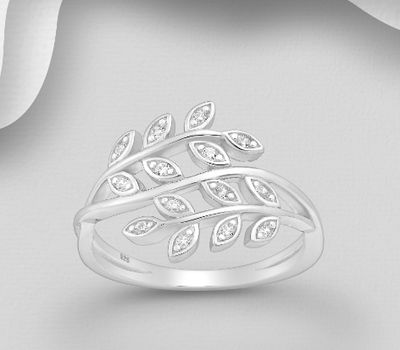 Şəkli böyütmək üçün tiklayın 925 Sterling Silver Leaf Ring, Decorated with CZ Simulated Diamonds