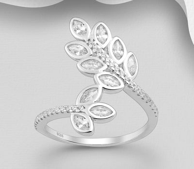 925 Sterling Silver Leaf Ring, Decorated with CZ Simulated Diamonds