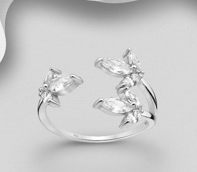 925 Sterling Silver Adjustable Leaf Ring, Decorated with CZ Simulated Diamonds
