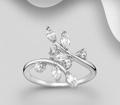 925 Sterling Silver Leaf Ring, Decorated with CZ Simulated Diamonds