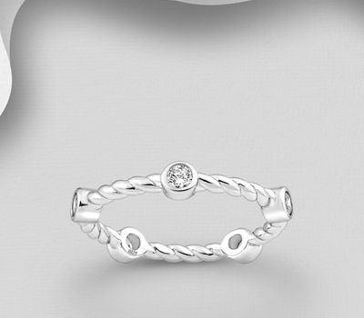 925 Sterling Silver Band Ring, Decorated with CZ Simulated Diamonds, 3 mm Wide.