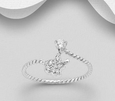 925 Sterling Silver Apple Ring, Decorated with CZ Simulated Diamonds