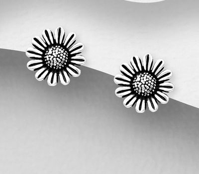 925 Sterling Silver Oxidized Sunflower Push-Back Earrings