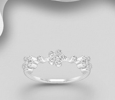 925 Sterling Silver Flower Ring, Decorated with CZ Simulated Diamonds