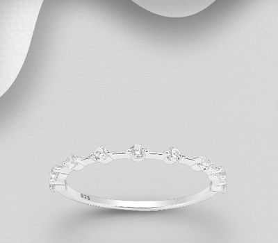 Şəkli böyütmək üçün tiklayın 925 Sterling Silver Ring, Decorated with CZ Simulated Diamonds, 2 mm Wide.
