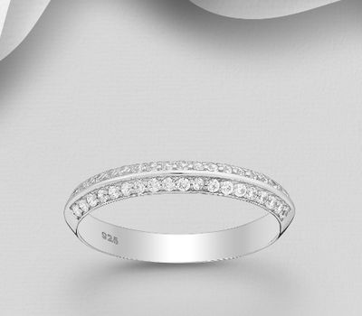 925 Sterling Silver Ring, Decorated with CZ Simulated Diamonds, 3 mm Wide.