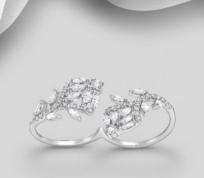 925 Sterling Silver Double Ring, Decorated with CZ Simulated Diamonds