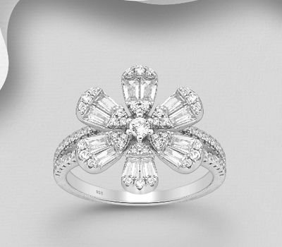 925 Sterling Silver Flower Ring, Decorated with CZ Simulated Diamonds
