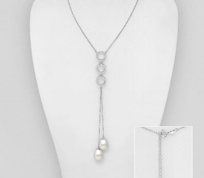 925 Sterling Silver Circle Necklace, Decorated with FreshWater Pearls and CZ Simulated Diamonds