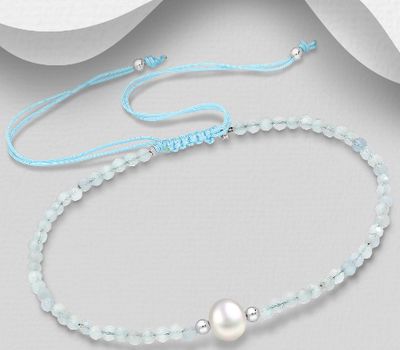 925 Sterling Silver Adjustable Bracelet Decorated with Freshwater Pearl, Gemstone and Silver Ball Beads