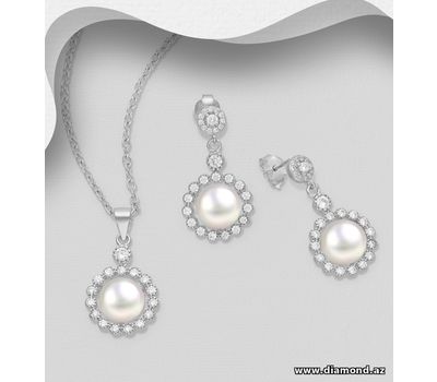Şəkli böyütmək üçün tiklayın 925 Sterling Silver Halo Push-Back Earrings and Pendant Jewelry Set, Decorated with Freshwater Pearls and CZ Simulated Diamonds
