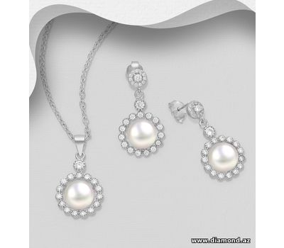 925 Sterling Silver Halo Push-Back Earrings and Pendant Jewelry Set, Decorated with Freshwater Pearls and CZ Simulated Diamonds