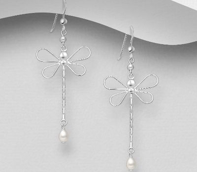 925 Sterling Silver Dragonfly Hook Earrings, Beaded with Freshwater Pearls