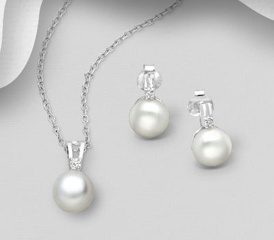 925 Sterling Silver Earrings and Pendant Jewelry Set, Decorated with Freshwater Pearls and CZ Simulated Diamonds