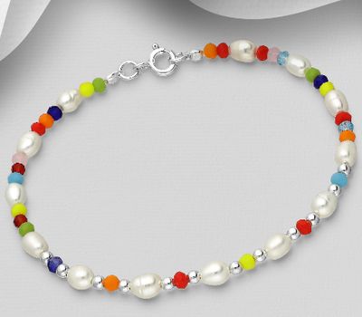 925 Sterling Silver Bracelet, Beaded with Freshwater Pearls and Crystal Glass